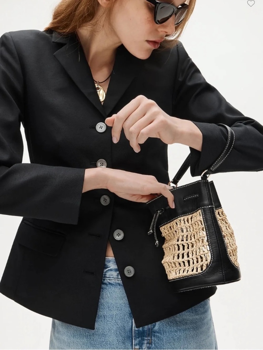 J.Crew | NWT | Leather & Straw Woven Drawstring Mini Bucket Bag | Black - Picture 2 of 7